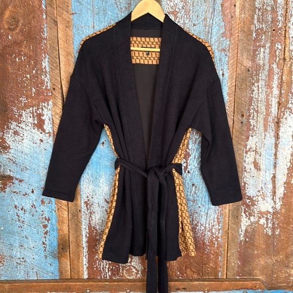 DREW Anthropologie Navy Camel Print Open Front Belted Cardigan Size S - Picture 1 of 4